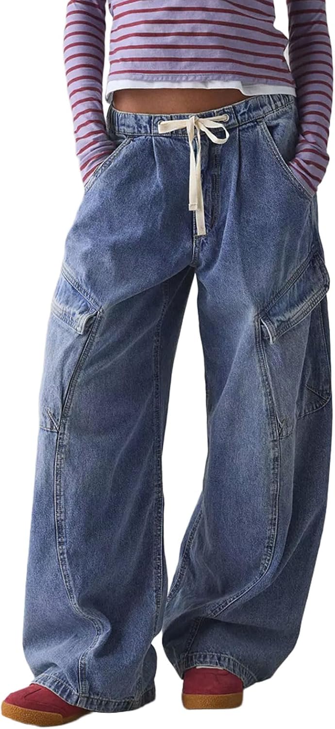 CHARTOU Women Wide Leg Baggy Jeans Barrel Drawstring Denim Pants Cargo Elastic Mid Waist Sweatpants