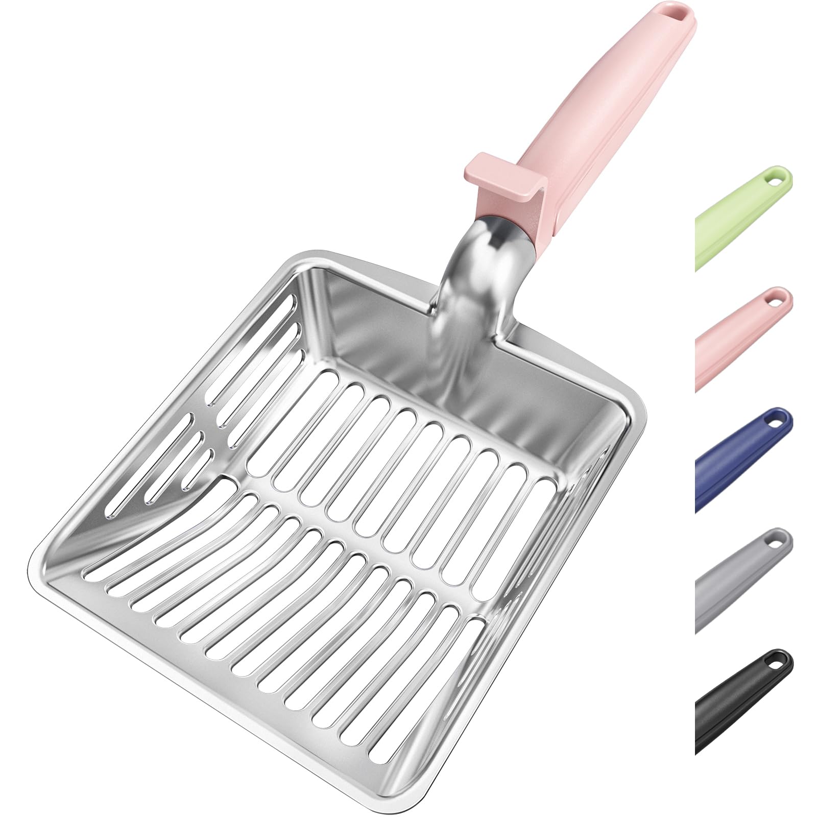 KooMooM Metal Cat Litter Scoop, Large Cat Scooper with Deep Shovel & Dual Sifting Holes for Fast & Precise Sifting, Space Aluminum Kitty Litter Scooper with Long Handle & Easy-to-Hang Hook - Pink
