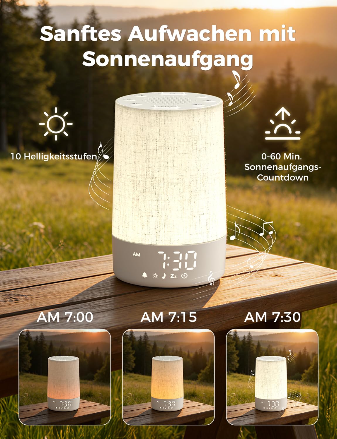 LIORQUE Tageslichtwecker Lichtwecker Sonnenaufgang Wecker mit Licht Wake Up Light Dimmbares Nachtlicht mit 30 Klingeltöne und 10 Lichtmodi Weißrausch Lichtwecker für Schlafzimmer