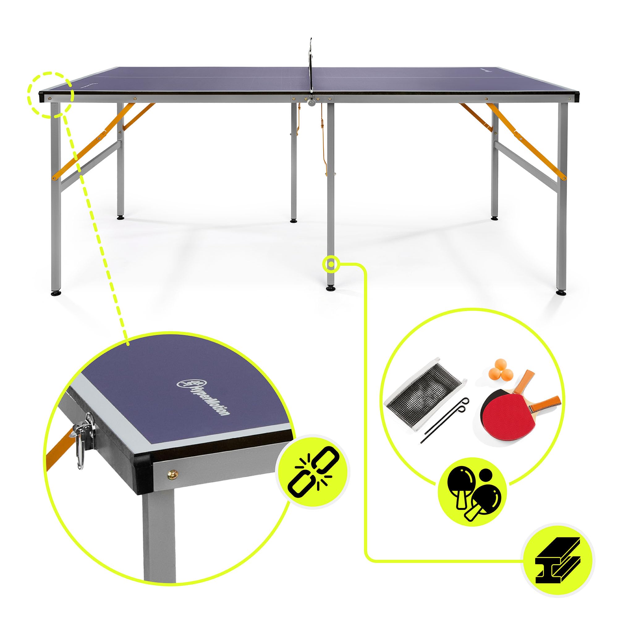 HyperMotion HYP32 Table de Ping Pong Pliante pour Enfants et Adultes, Modèle Compact d’Intérieur avec Filet, Raquettes et Balles, Facile à Transporter