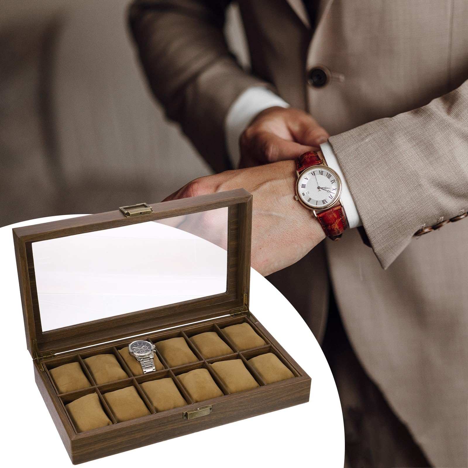 Boîte à Montres pour Homme, 12 emplacements, en Cuir PU grainé, avec Couvercle en Verre et Coussin Amovible, Compatible avec la Plupart des Montres et Montres connectées.