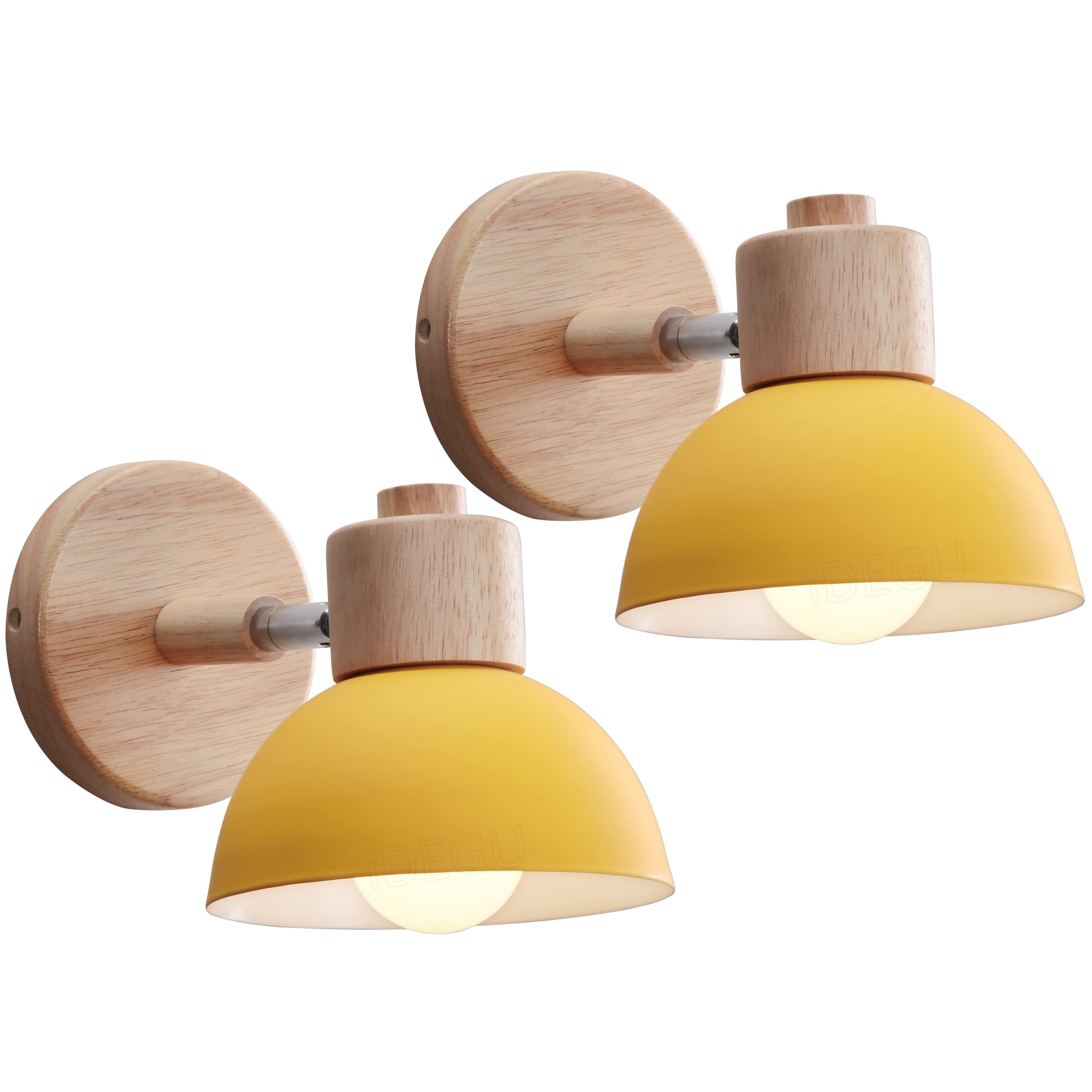 IDEGU 2 Pieces Wall Lights Modern Indoor Wall Lamp Made Of Wood Metal Semicircle Lampshade E27 Adjustable Wall Spot Vintage Lamp For Bedroom Living Room (2 Lamps, Yellow - View #2
