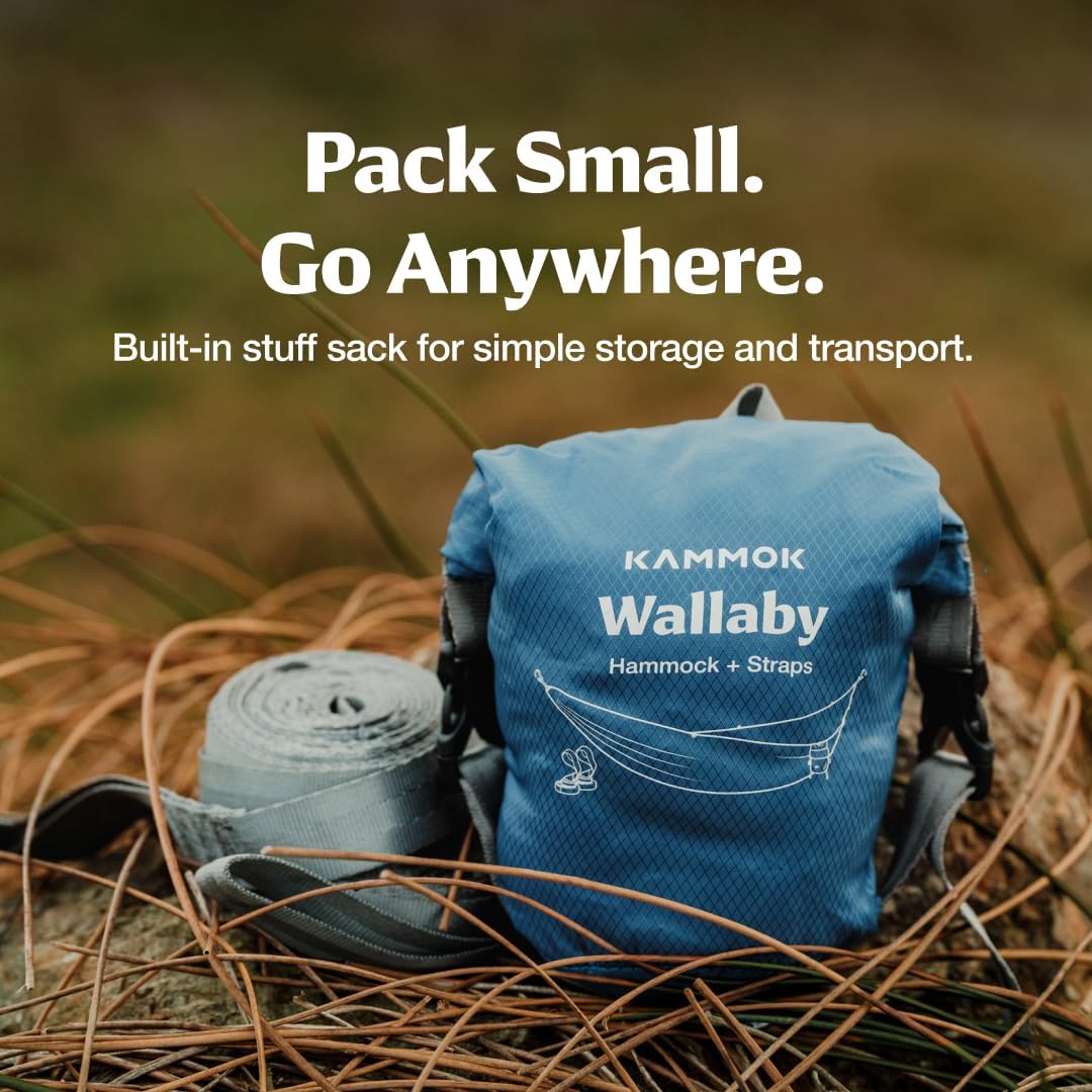 Kammok Wallaby Lightweight Hammock with Straps – Portable Hammock for Backyard, Park, Camping, Campus, Patios or Hiking – Built for Everyday Use - Durable Ripstop Nylon, Easy Setup - Glacier Blue