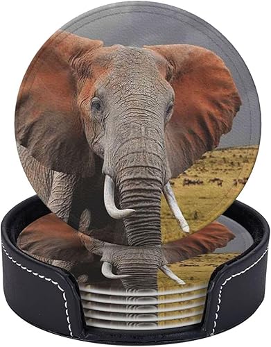 Miniatura 1 de Juego de 6 posavasos de cuero con estampado de elefante, juego de 6 posavasos de protección para mesa de café, bar, cocina, comedor