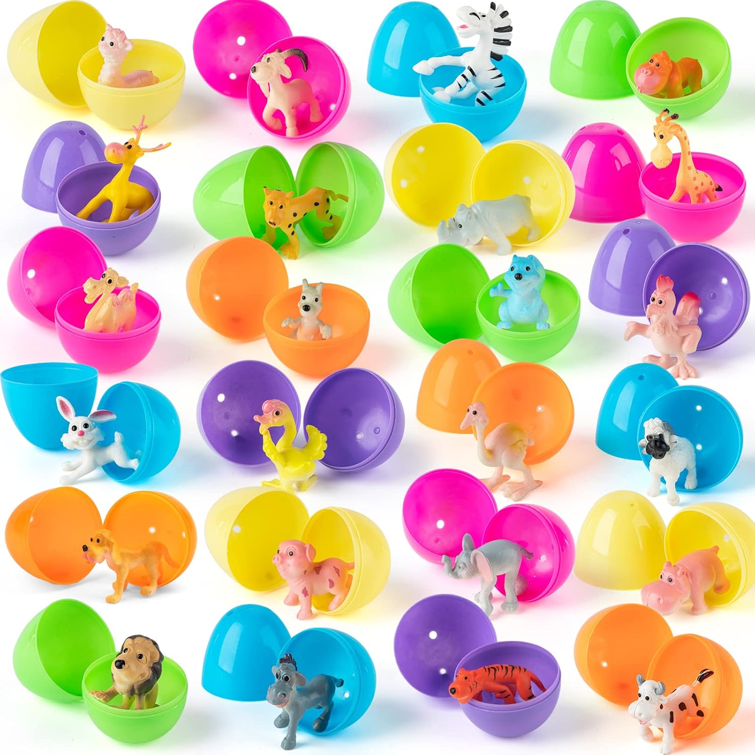 MAPIXO 24pcs Prefilled Easter Egg with Mini Animal Toy Inside, for Easter Egg Hunt, Easter Basket Filler, Filled Egg Bulk, Goody Bag Stuffers Filling Treats Party Favor Supplies for Kid