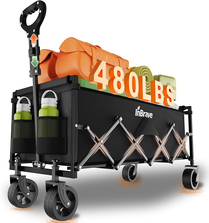 Extra Long Collapsible Wagon Cart, 480LBS Heavy Duty Utility Wagons with All-Terrain Wheels, Foldable Grocery Carts for Gardening, Shopping, Beach, Camping, Black