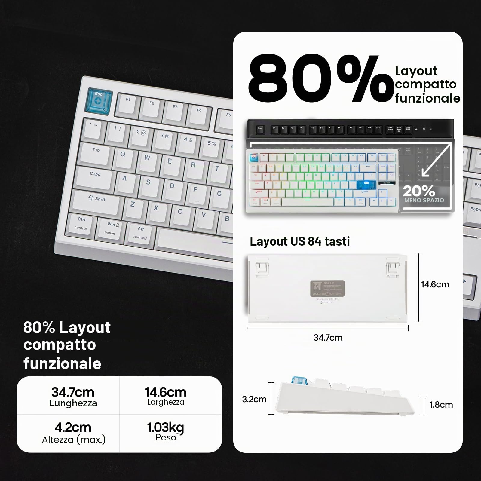 EPOMAKER G84 HE Tastiera da Gioco Wireless, 8K Polling & 8000mAh, SOCD & DKS, Tastiera ad effetto Hall con Trigger & Adjustable Actuation, RGB Backlit, PBT Keycap, Hot-Swap, per WIN/Mac (Bianco)