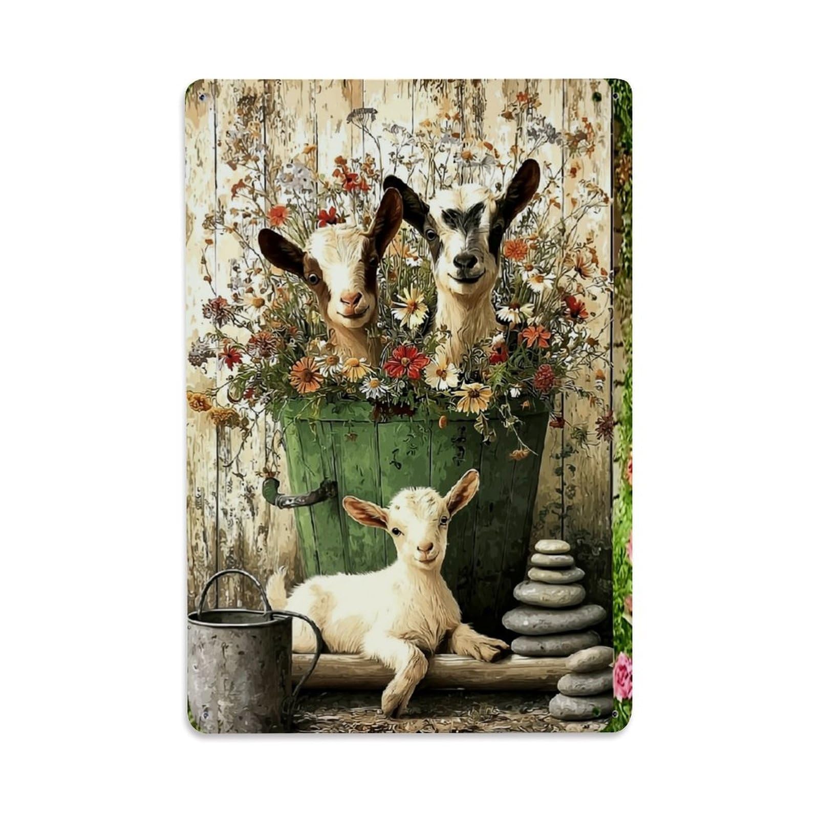 Jdfenggu Vintage Goat Floral Bucket Garden Art Retro Metal Tin Sign, Decor Art Poster For Bar, Home, Man Cave, Kitchen, Laundry Room Gift 8X12inch
