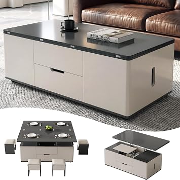 Miuuod Lift Top Coffee Table With 4 Stools, 120cm Storage Coffee Table