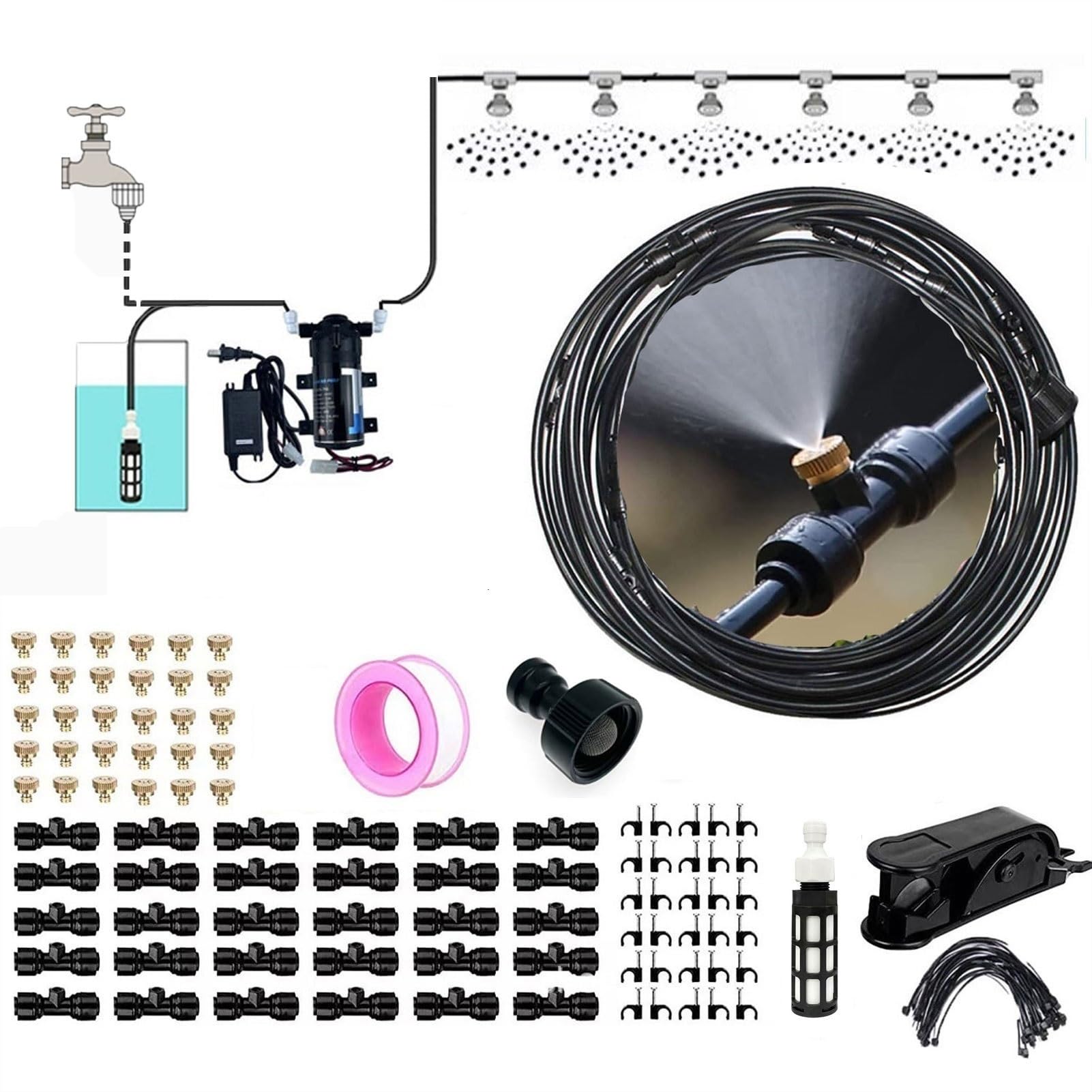 Brumisateur terrasse exterieur Kit, Kit de brumisation avec buses, Système de brumisation d'extérieur pour l'irrigation des plantes(40M)