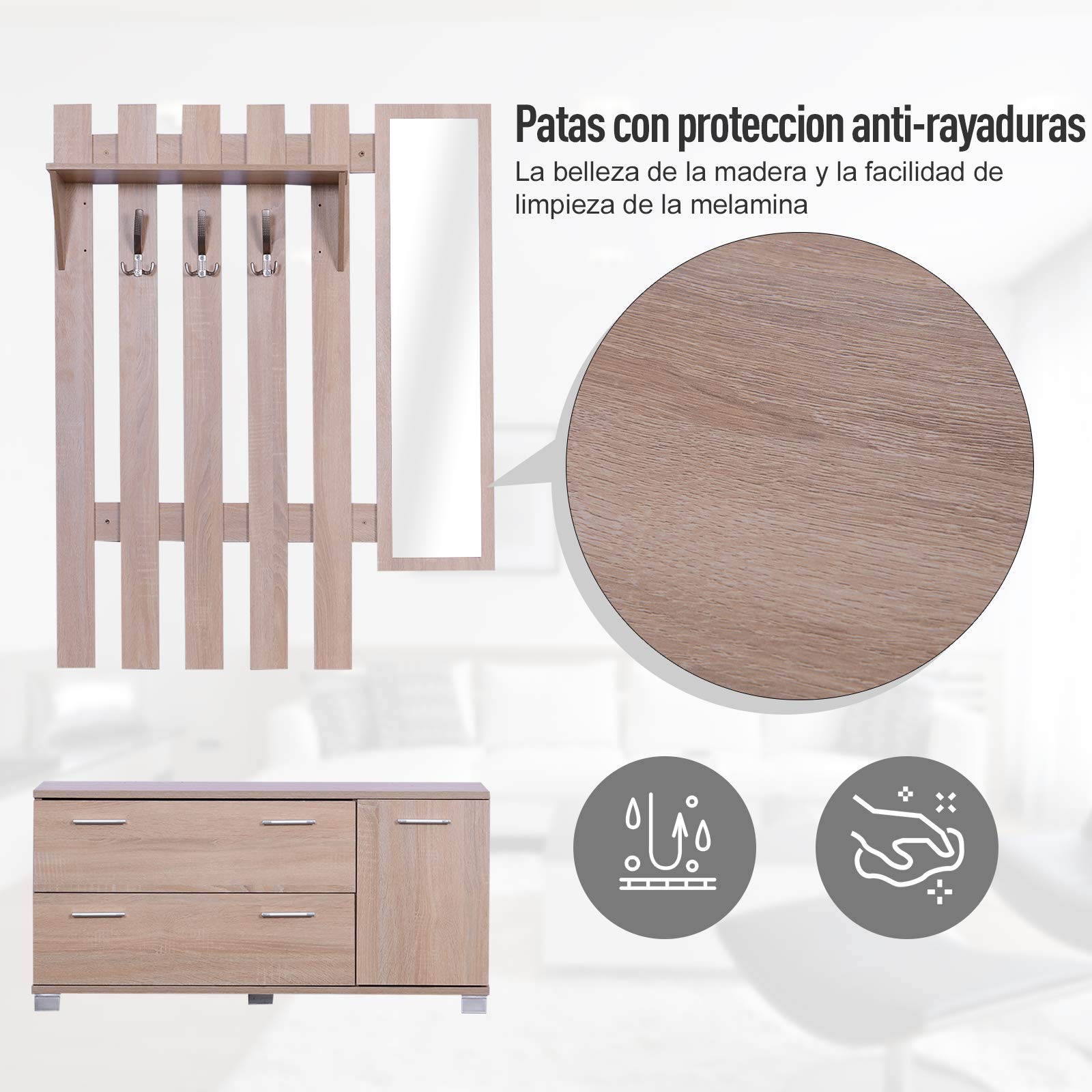 HOMCOM Conjunto de Recibidor de Entrada con Espejo Perchero y Zapatero Muebles de Entrada con 3 Ganchos Estante y 2 Cajones para Pasillo Roble
