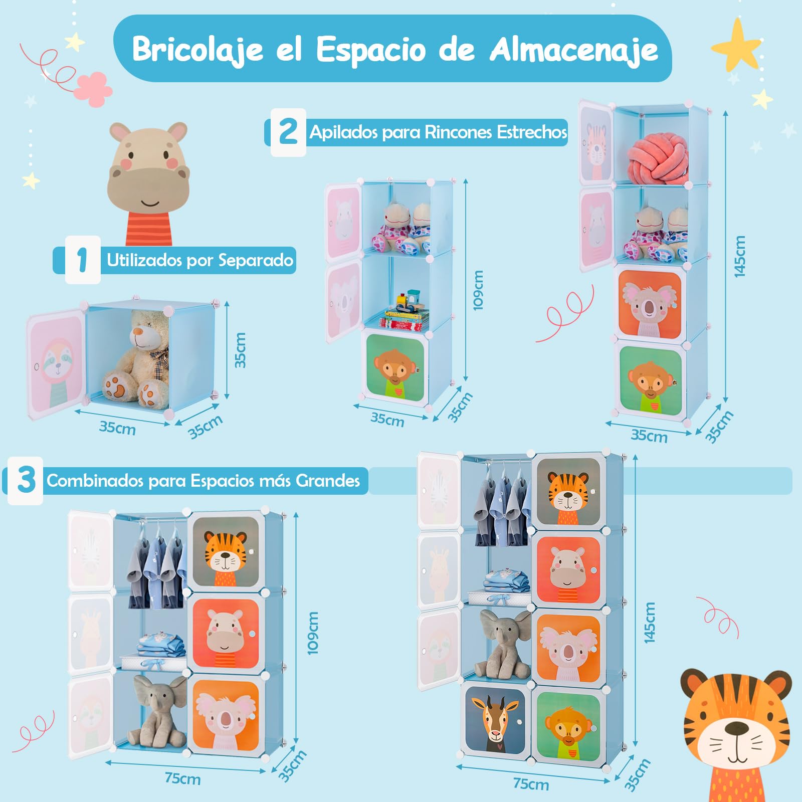 GOPLUS Armario Modular Infantil 8 Cubos Plásticos 35×35 cm Almacenaje Juguetes Barra Suspensión 75x35x145 cm Azul