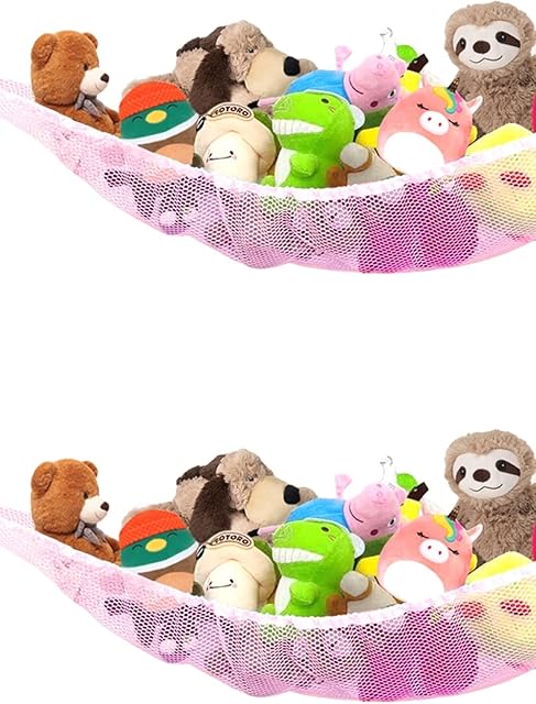 PLS Stuffed Animal Toy Hammock for Toy Storage, Mesh Organizer Wall Hanging Net for Plush Toys Storage and Organization for Boys, Girls, Baby Nursery Room in Assorted Colors (Pink-2-Pack)