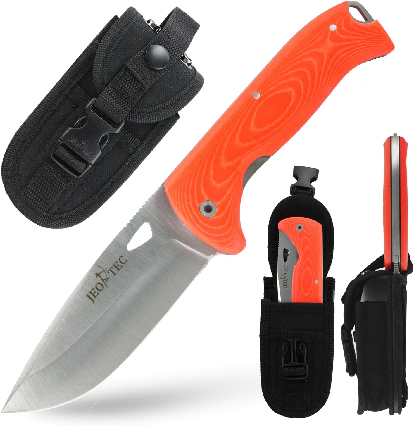 JEO-TEC Nº47 Folding Knife with Sheath for Bushcraft Survival Hunting Fishing Hiking and Outdoor,Stainless Steel MV-58 4" Blade, Handmade