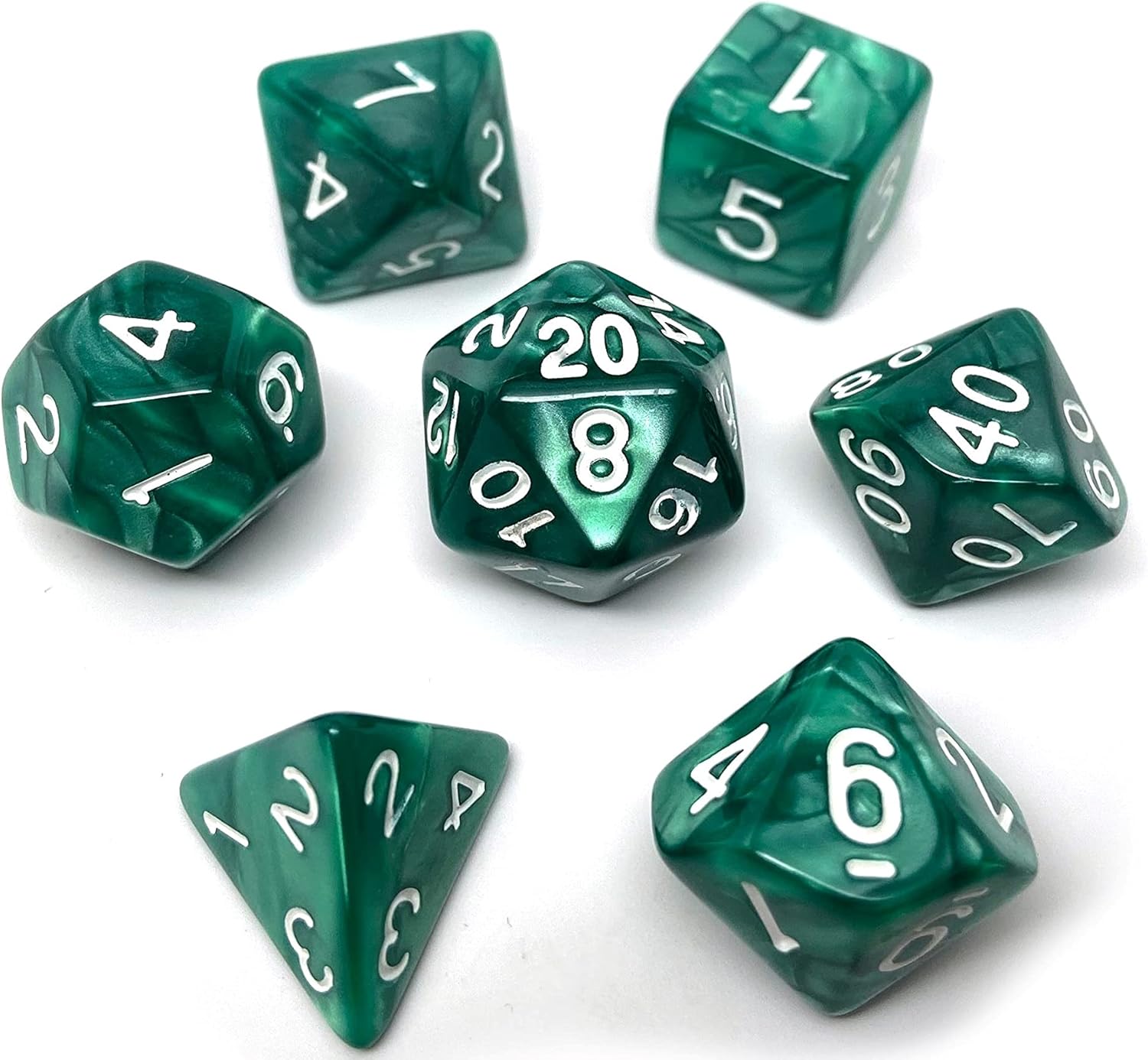 Marble Swirl Polyhedral Dice Set - 7 Piece Dice Set with One D20, D12, D10, D8, D6, D4, and D00 (Black Marble with White Font)