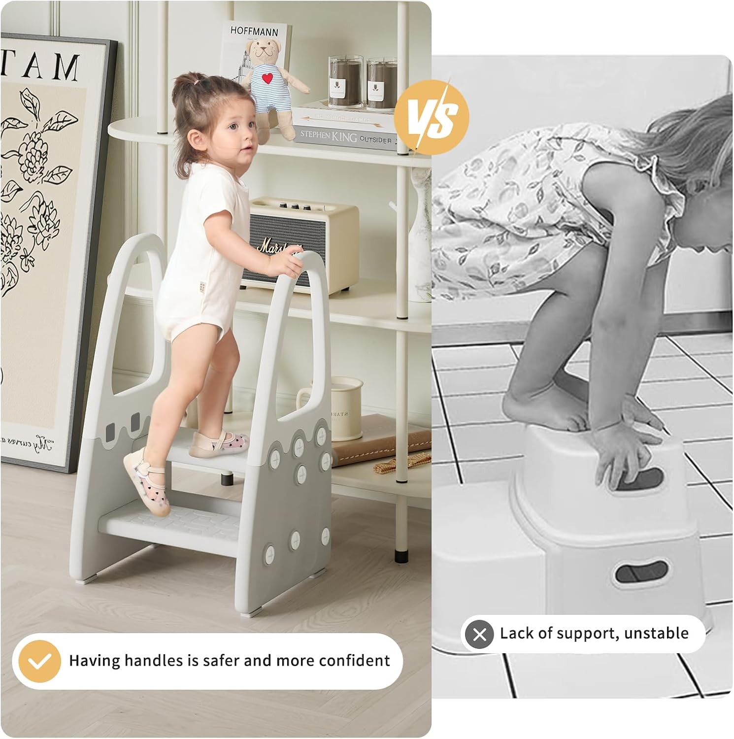 Diagram showing the dimensions of the Mangohood two-step stool.