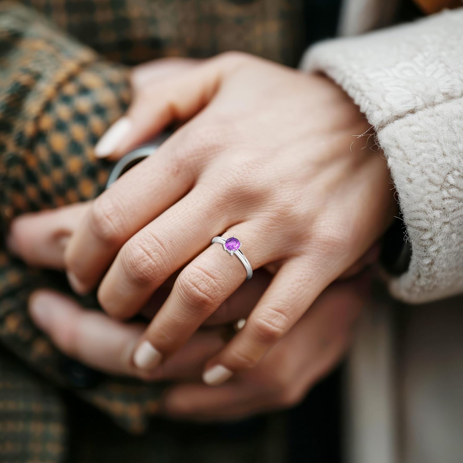 Natural Amethyst Stackable Ring for Women in Sterling Silver, February Birthstone Jewelry Gifts for Her (Round, Oval, Pear)
