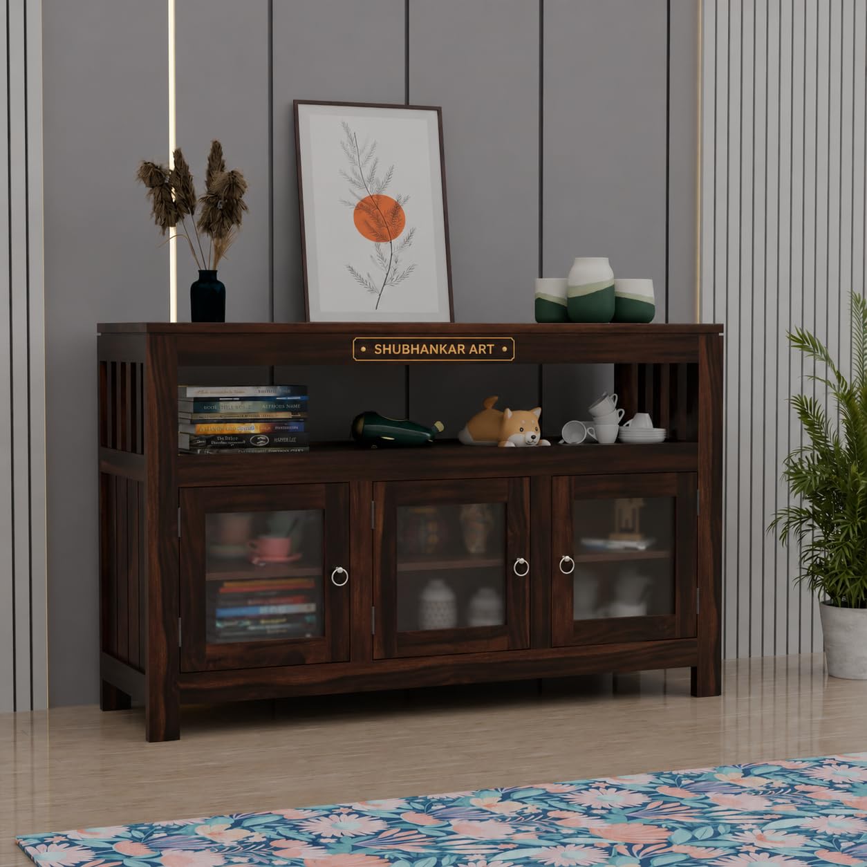 Solid Wood Sideboard Cabinet for Living Room | Wooden Storage Cabinet with Acrylic Glass Doors & Open Shelf | Modern Console Cabinet for Dining Room, Kitchen & Entryway (Walnut Finish)-image-31