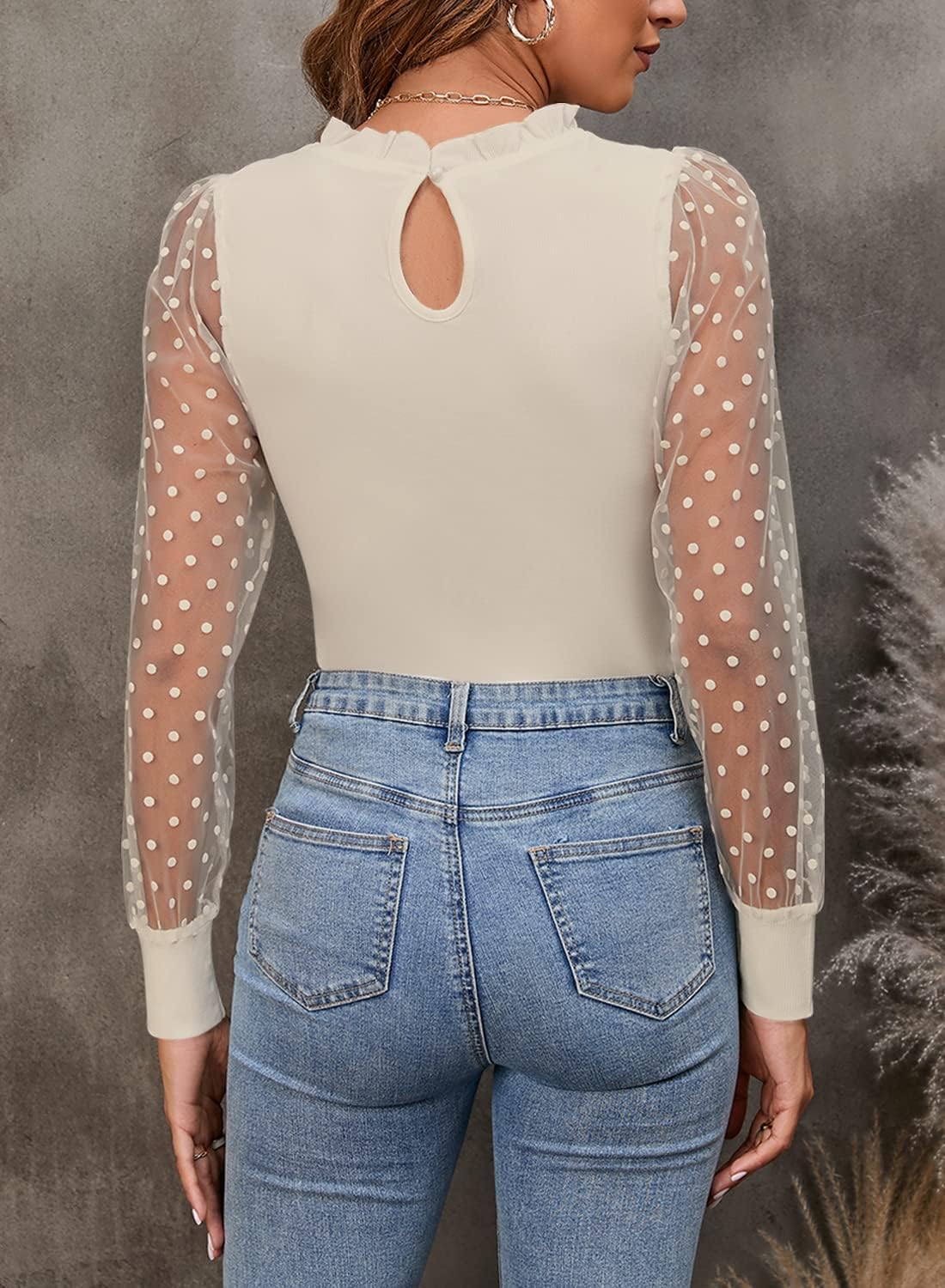 MISSJOY Women's Mock Turtle Neck Long Sleeve Polka Dot Sheer Mesh Ribbed Ruffle Slim Fit Stretchy Bodysuit Top - Image 3