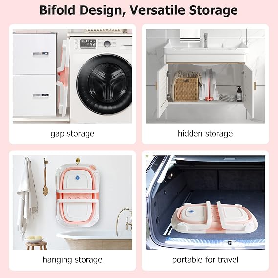 Collapsible Baby Bath Foldable Tub Bathtub Newborn with Seat Support Cushion & Stand Folding Baths for Toddler 0-6 Months Foam Pillow Travel Portable Infant Tubs Soft Bathing Insert Pad Kids Pink