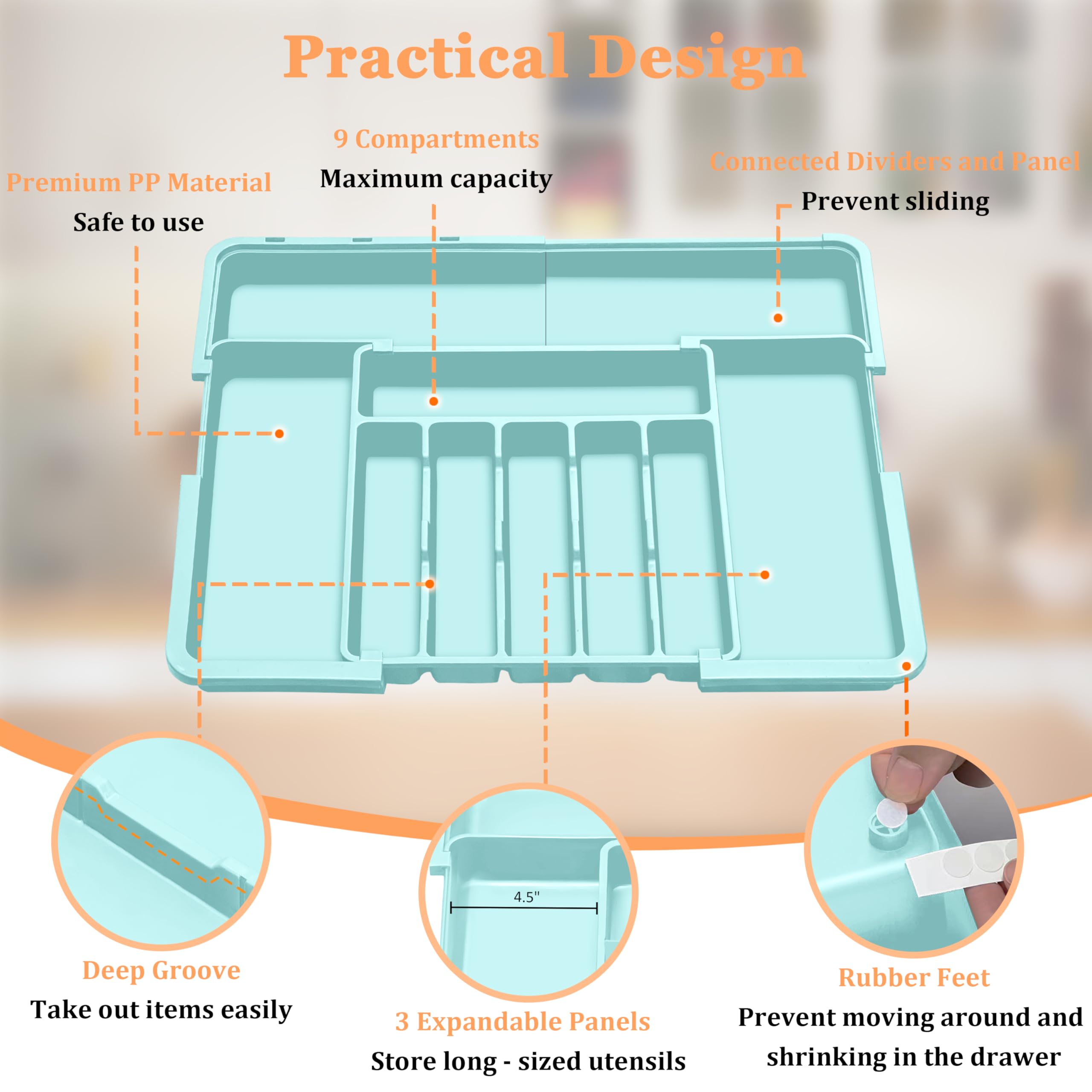 Organizador de cubiertos expandible para utensilios de cocina, organizador de cajones, grande, sin BPA, ajustable, bandeja de cubiertos para cucharas, tenedores, cuchillos, divisor de almacenamiento