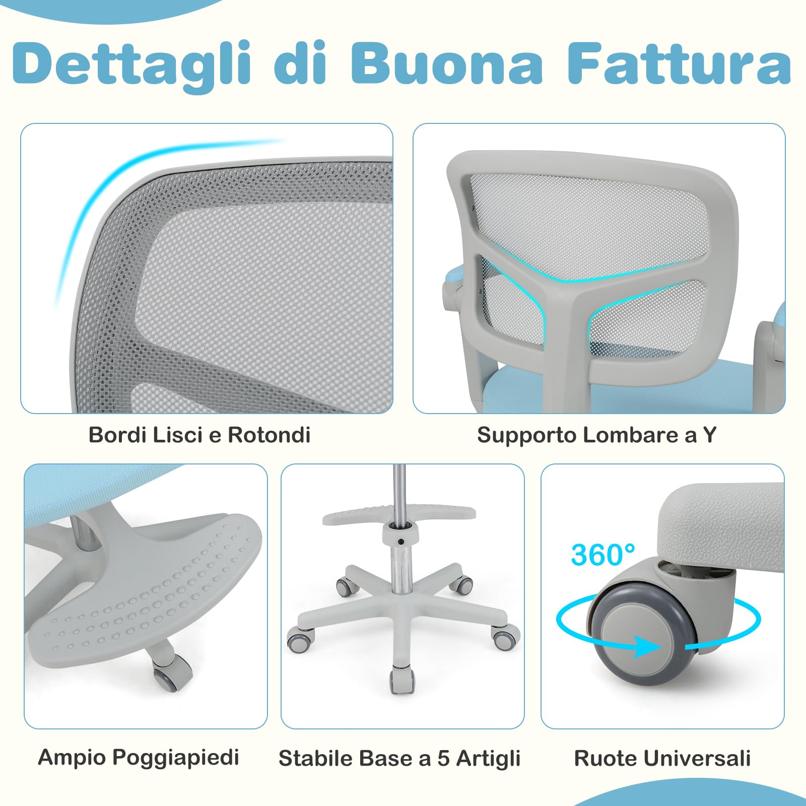 COSTWAY Sedia da Scrivania Bambini Girevole, Altezza Regolabile, Sedia da Studio per Ragazzi con Braccioli a Ribalta e Poggiapiedi, Poltrocina in Rete per Bambini 3-15 Anni, Portata 150 kg (Blu)