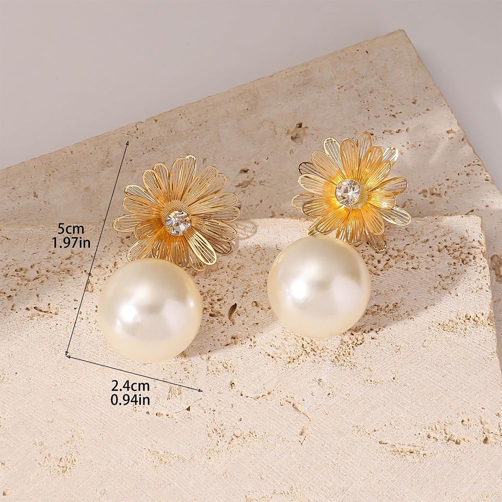 Delicate Gold Flower Pearl Drop Dangle Earrings for Women, Retro Yellow Floral Crystal Dangling Stud Earring Dainty Y2K Party Jewelry Accessories Gift - Image 2