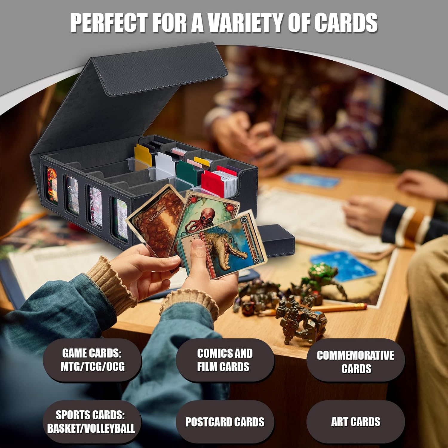 3200+ Trading Card Storage Box, MTG Commander Deck Box with Window Dice Tray, 4 Card Sleeves & 4 Supporters & 30 Dividers, Black Grey