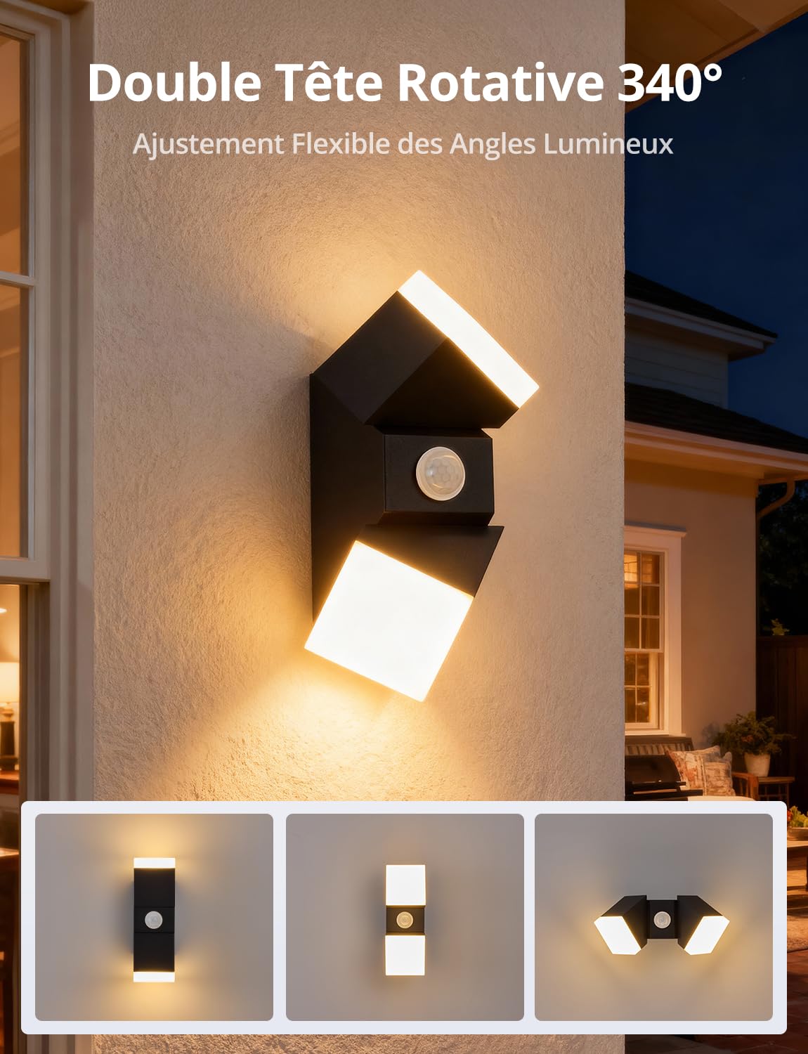 Combuh 12W 960LM Applique Exterieure Detecteur de Mouvement, IP65 Etanche Lampe Led Murale avec Detection, Moderne Luminaire Entree, Blanc Chaud 3000K Eclairage pour Garage Porch Terrasse, 20 cm