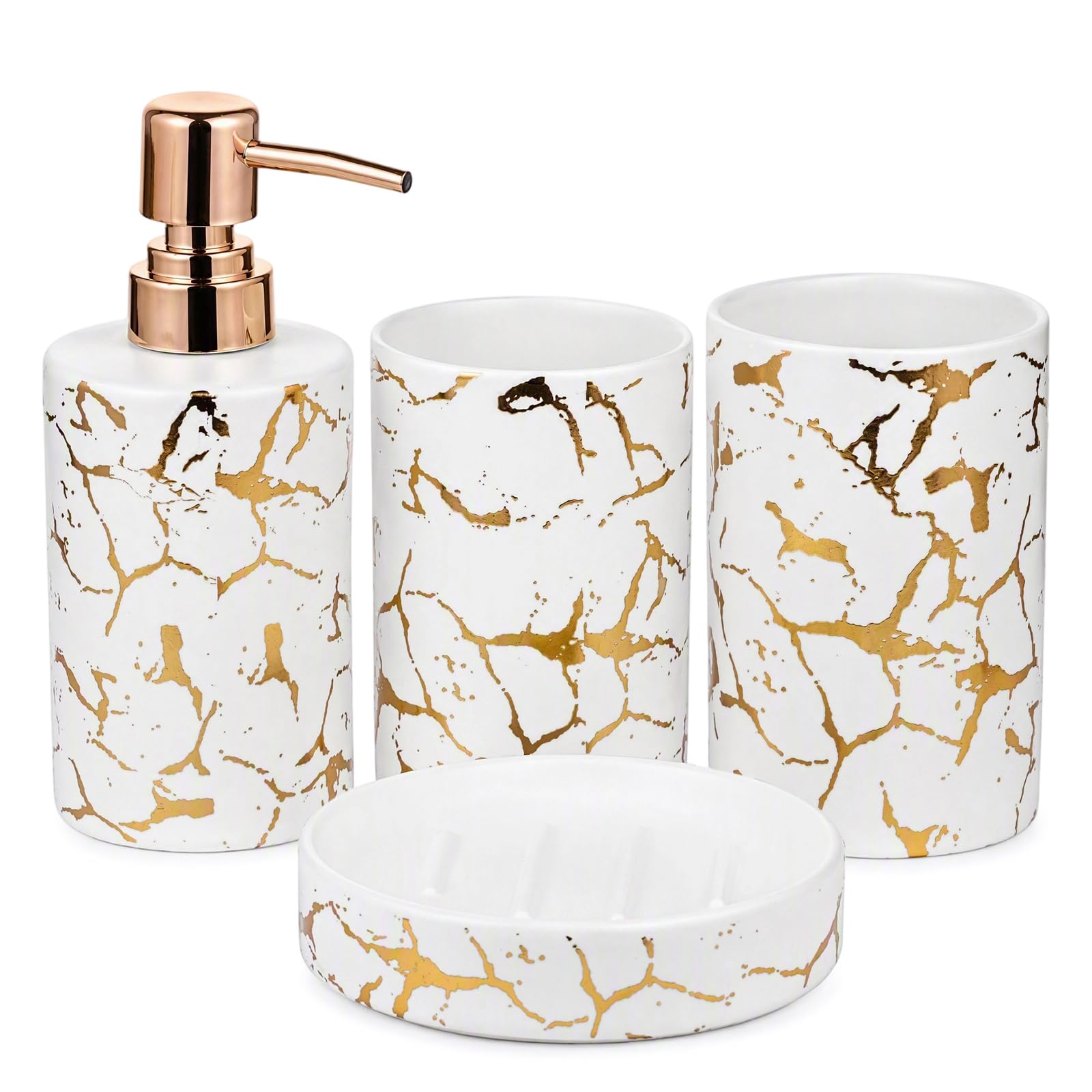 Bathroom Accessories Set, 4Pcs Ceramic Bath Accessory Set Luxury Marble 2Pcs Toothbrush Holder/Tumbler + Liquid Soap or Lotion Dispenser Bottle with Rose Gold Pump + Soap Dish