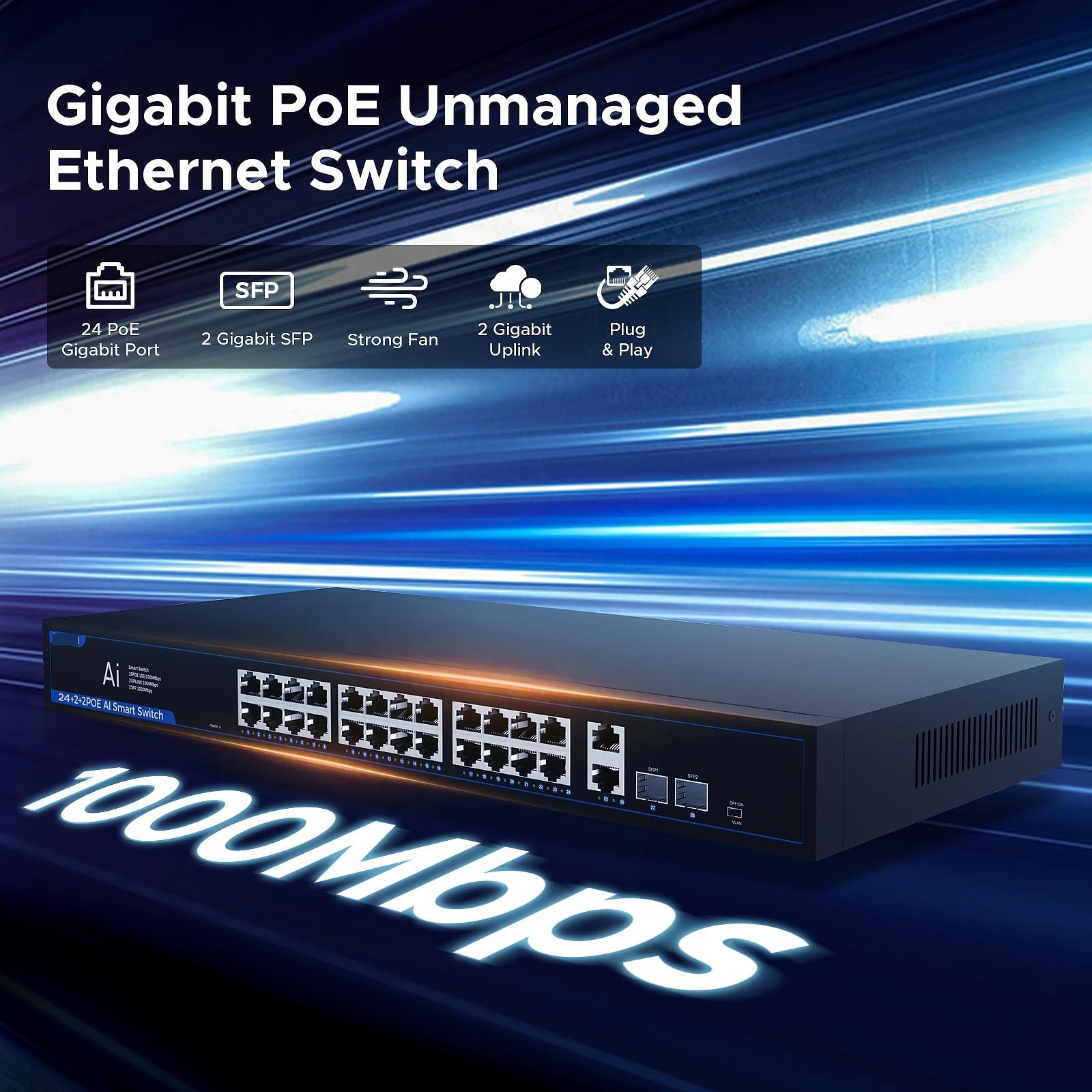 Commutateur Gigabit PoE 24 ports 1000 Mbps Ethernet Répartiteur réseau 52 V 320 W IEEE 802.3AT/AF Commutateur PoE pour routeur WiFi