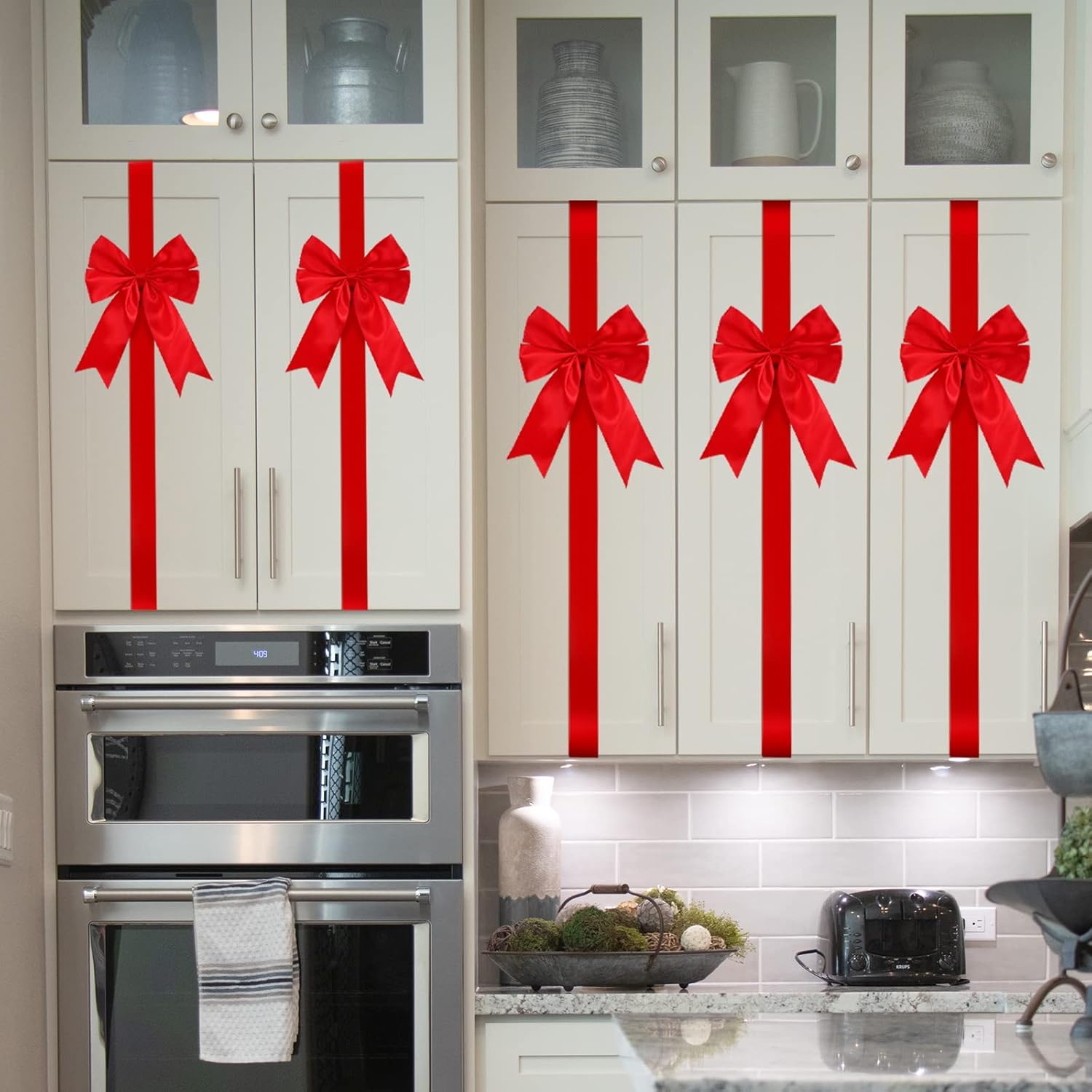 BBTO 6 Pcs Chinese New Year Cabinet Festive Door Ribbons 8X 40 Inch Large Bow Spring Festival Wreath Bow New Year's Eve Festival Wrapping Decoration for Fireplace Door Party(Red,18 Pieces)