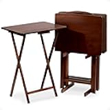 PJ Wood 5-Piece Folding Wooden Table Set, TV Tray Tables with Collapsible Storage Rack, Walnut - Portable and Adjustable Home Furniture for Living Room, Bedroom, and Kitchen