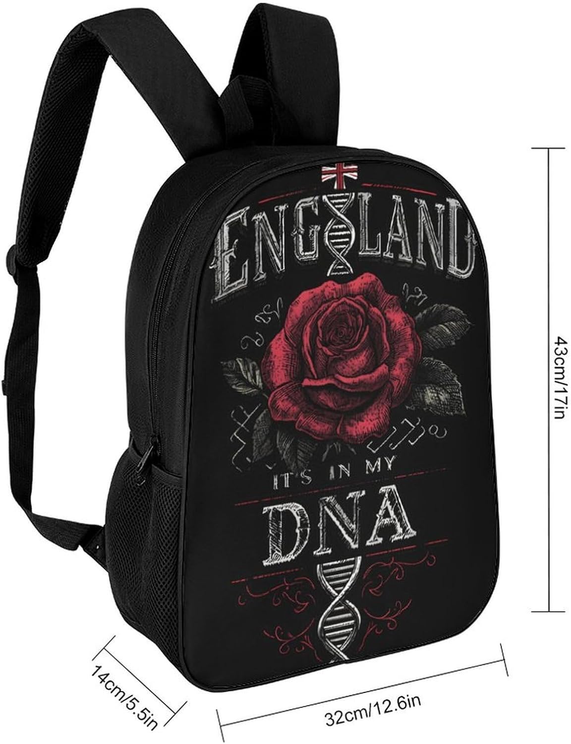 England It's in My DNA Rose Flag Unisex Backpack 17" Casual Daypacks Simple Shoulders Bag for Camping Hiking Travel Gear