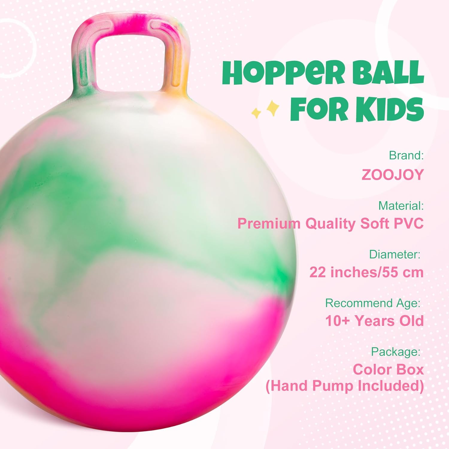 ZOOJOY Clouds Hopper Ball, Hopping Toys for Kids, 22 Inch Bouncy Ball with Handle for Boys Girls Aged 10+, Inflatable Clouds Bounce Hopper Toy with Pump