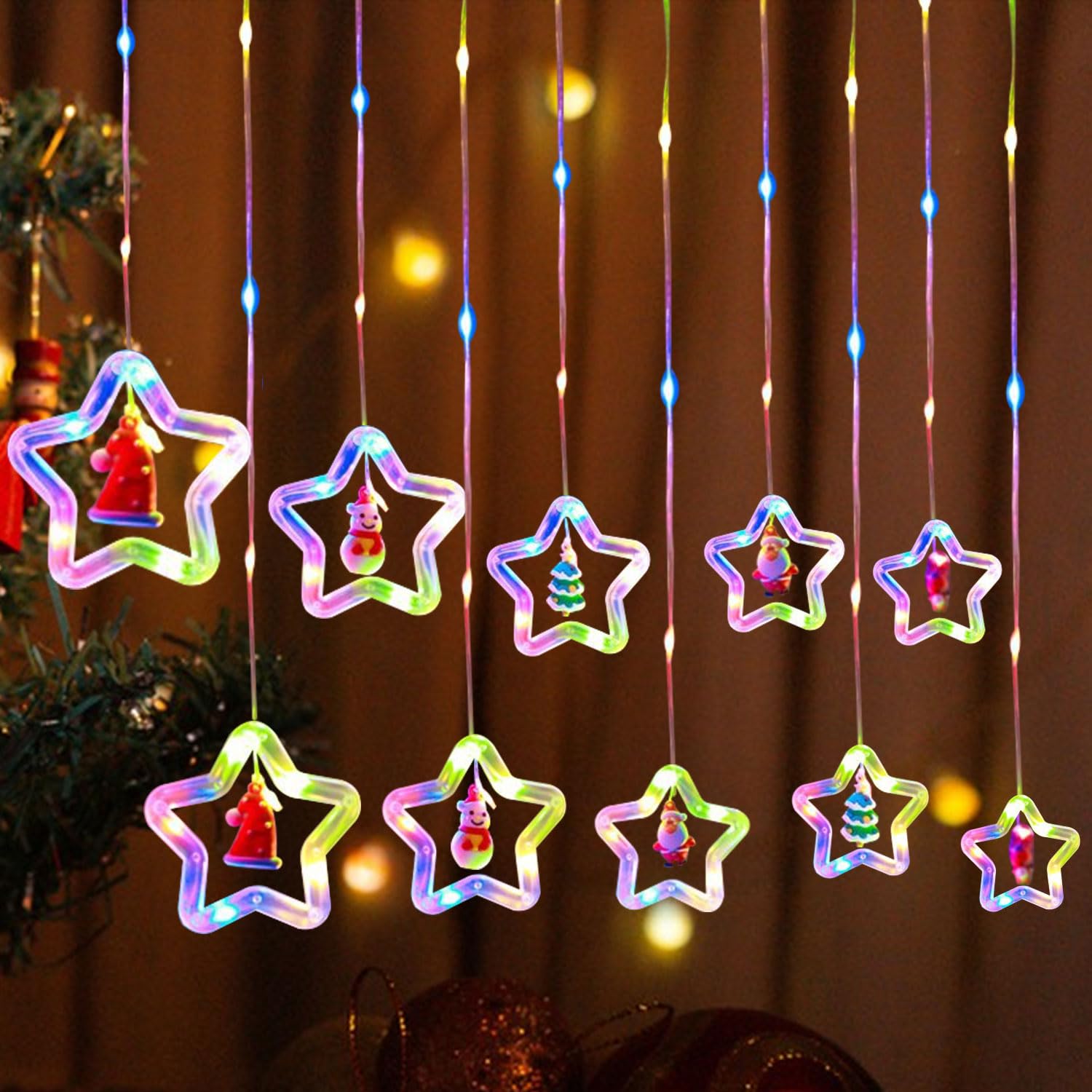 KADAFAGO Christmas Window Lights LED Stars Curtain Lights Hanging Xmas Party Decors with 10 Xmas Ornaments and 8 Flashing Modes Remote Control for Christmas, Party, Xmas Tree Decor