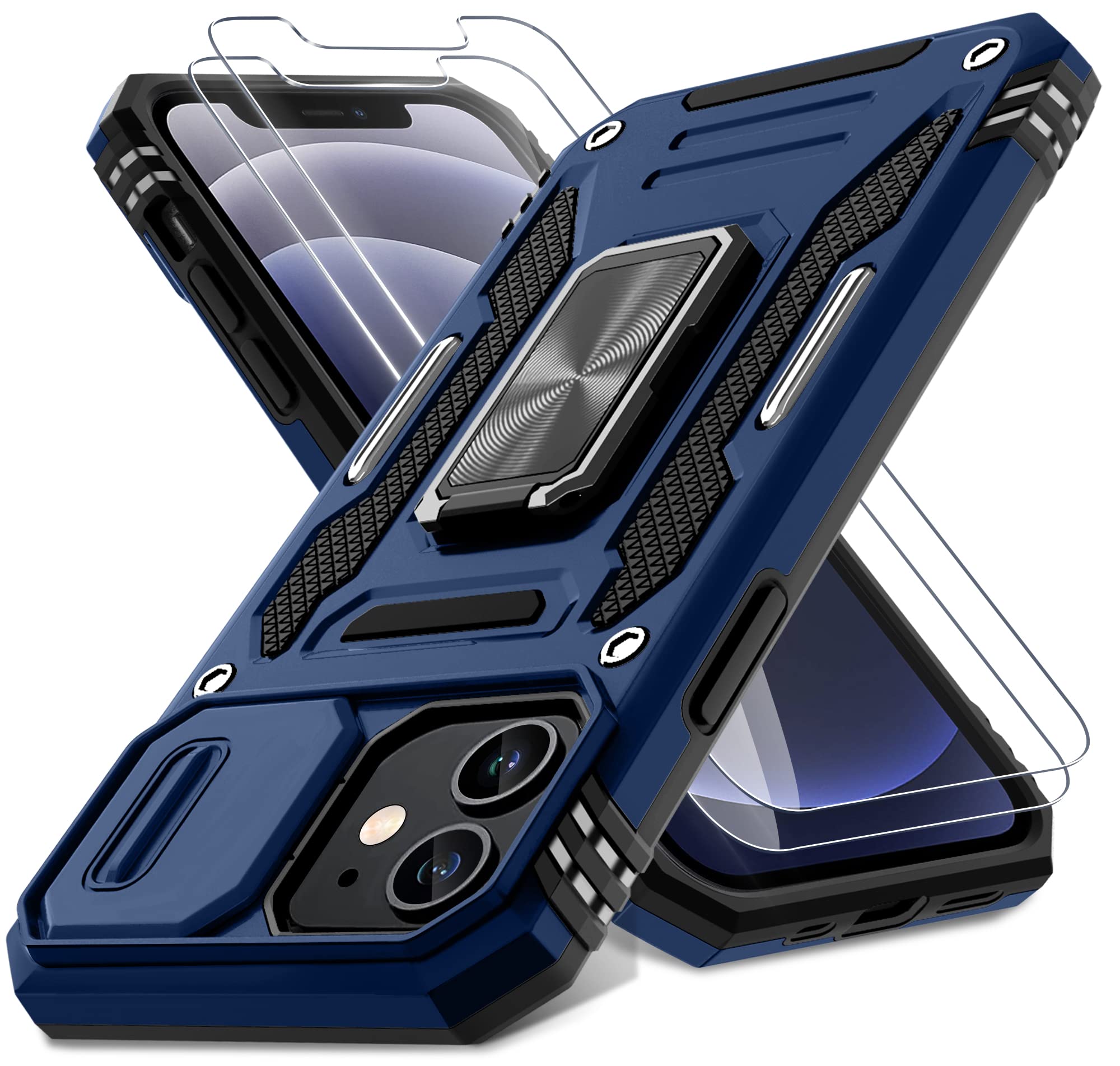 DEERLAMN for iPhone 12 Case,iPhone 12 Pro Case with Slide Camera Cover+Screen Protector(2 Packs),Rotated Ring Kickstand Military Grade Shockproof Protective Cover-Navy Blue