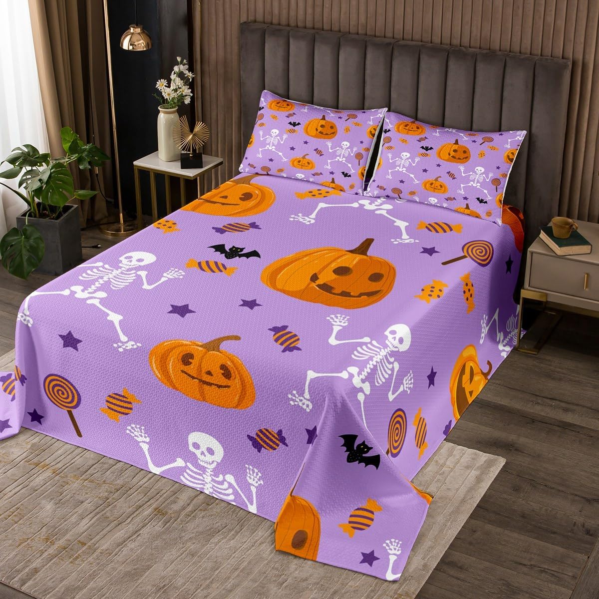 Bats Halloween Decoration Pumpkin Quilt Set Witch Hat Bedspread Set Spider Web Coverlet Set Twin,Toddler Bedding Set for Kids Women,Cartoon Ghost Spooky Spider Webs Halloween Decorations Indoor