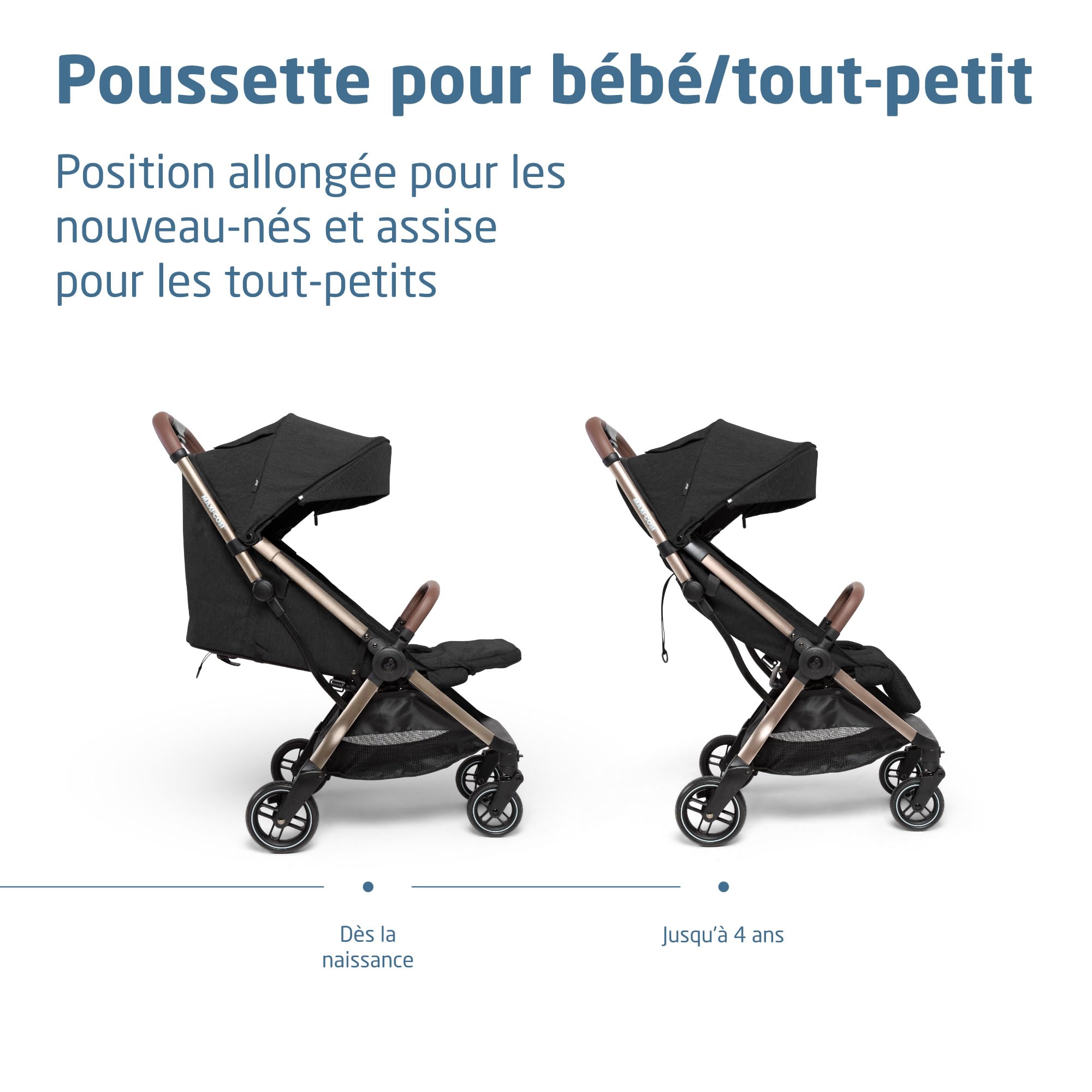 Maxi-Cosi Eva3 Poussette, 0 - 4 ans, 0 - 22 kg, Poussette Bebe, Légère, Compacte, Position Allongée, 3 Positions d'Inclinaison, Pliage Automatique, Sangle de transport, Essential Black Champagne