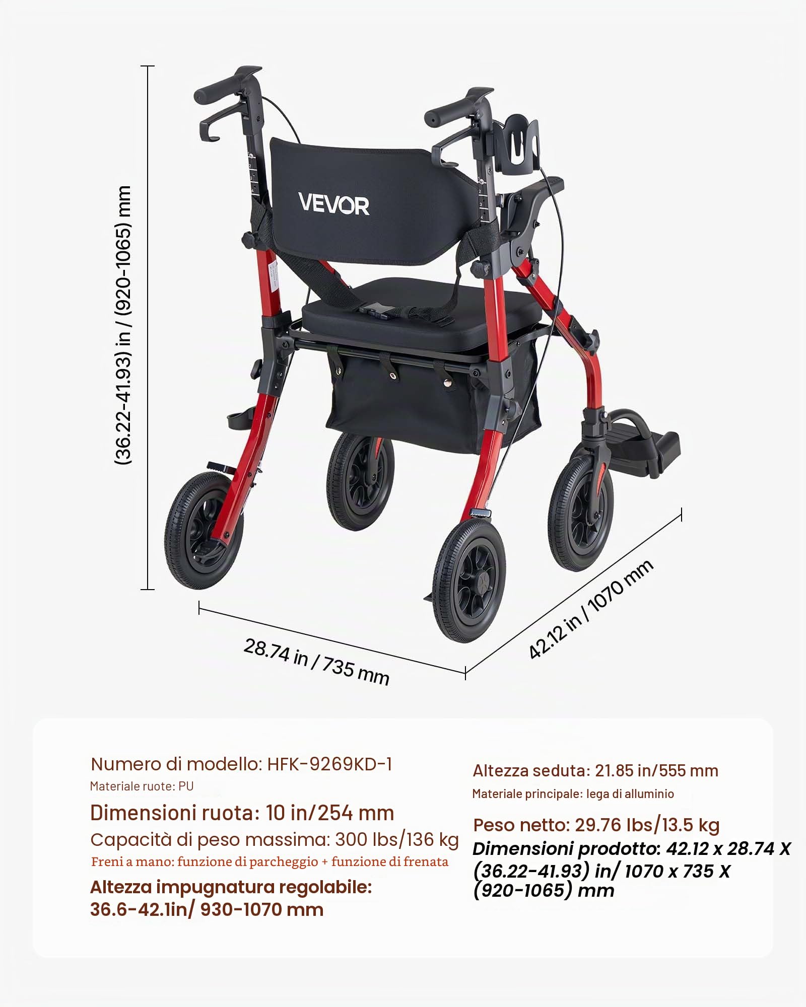 VEVOR Deambulatore e Sedia a Rotelle 2 in 1 Carico Max 136 kg per Sostegno Camminata, Ausilio Pieghevole per Mobilità in Alluminio con Ruote in PU Portaoggetti e Porta Bastone, per Disabili e Anziani
