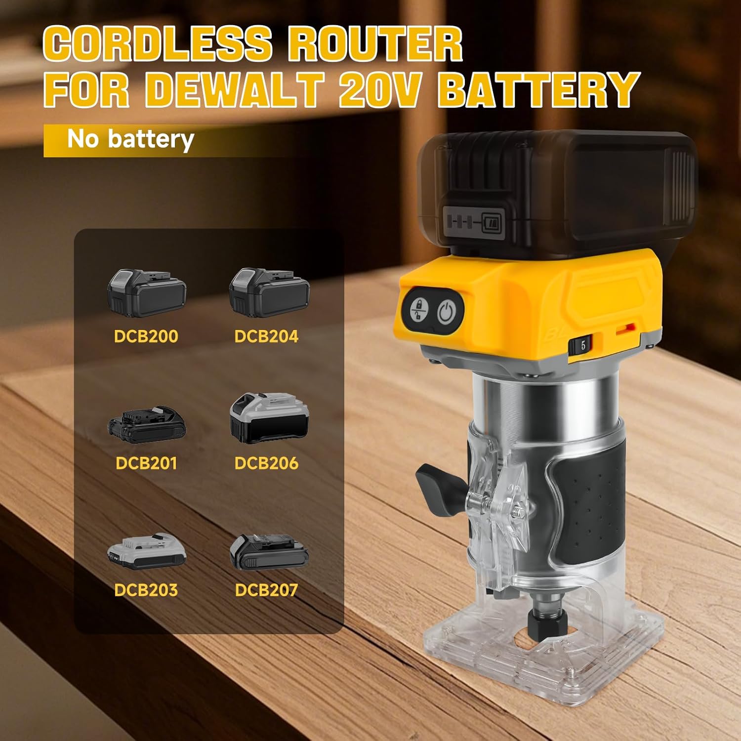 Cordless Compact Router for Dewalt 20V Battery, 800W Brushless Trimmer Router with 5 Variable Speeds, 30000 RPM, Wood Palm Router Tool with 5PCS 1/4" Router Bits, Edge, Roller Guides