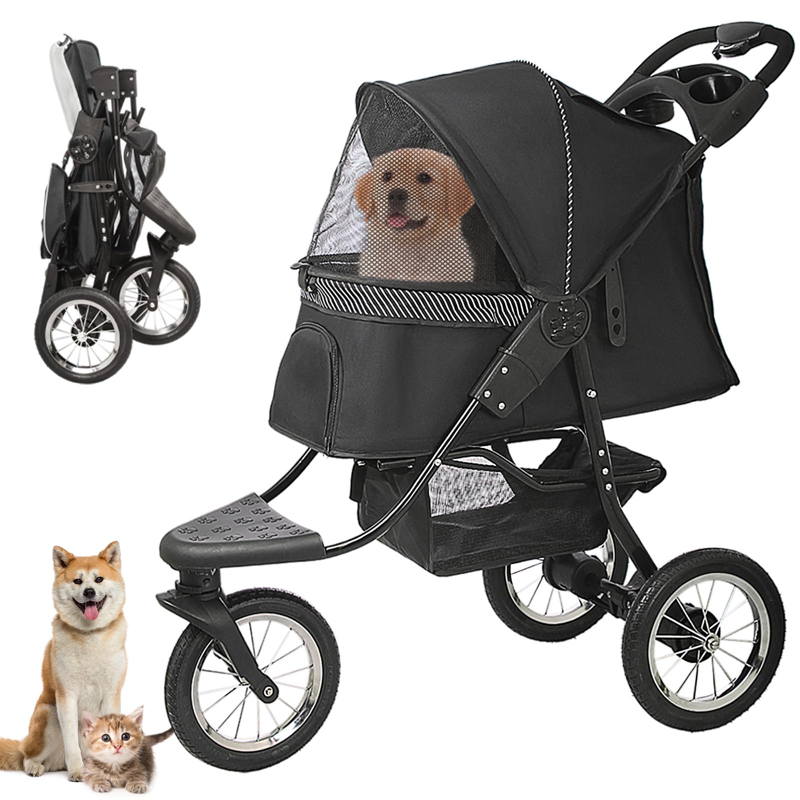 Hundewagen Hundebuggy bis 30kg, Katzenbuggy Faltbar Klappbar für Große und Mittelgroße Hunde Katzen, Haustiere Buggy mit Getränkehalter
