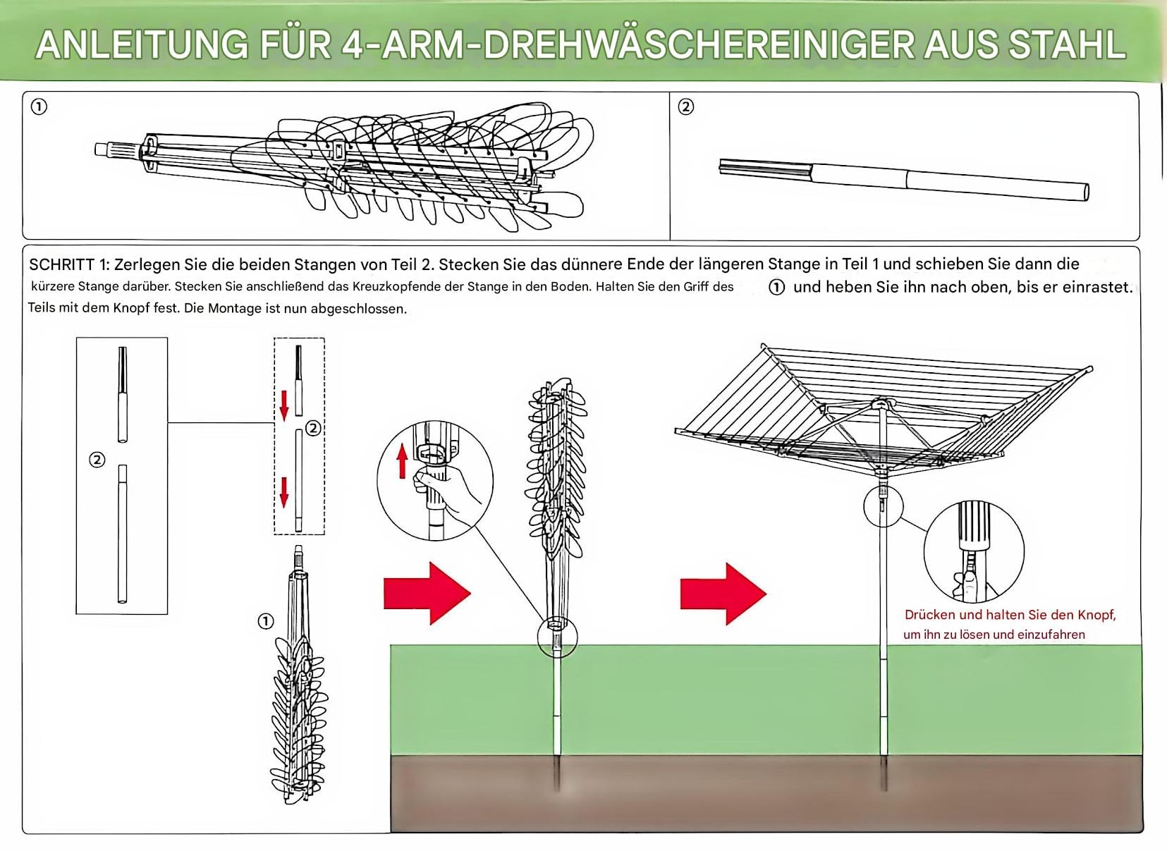Wäschespinne – Outdoor-Garten-Wäschetrockner – Robuster, Faltbarer Wäscheständer – 50 m Wäscheleine – Witterungsbeständig