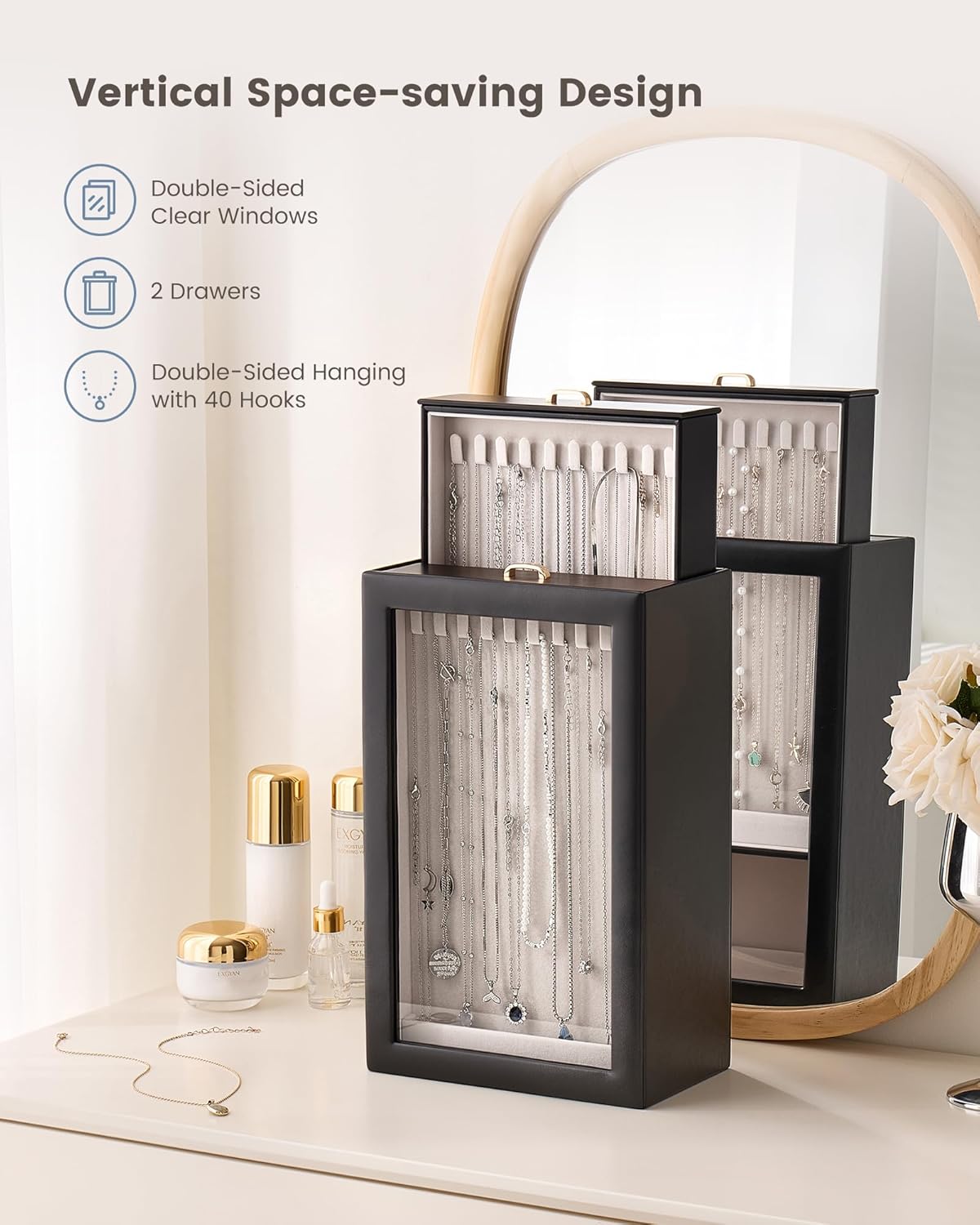 Lolalet Upgraded Double-Sided Hanging Necklace Organizer Box, Jewelry Display Case with Double-Sided Clear Window for Necklaces Bracelets, Tangle-Free Necklace Storage Box, Mothers Day Gift