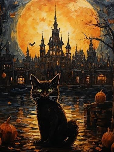 Kits de pintura de diamantes 5D por número para adultos, gatos negros en Halloween, arte de diamantes, pintura de diamantes, taladro redondo disponible en Yaxa Peru