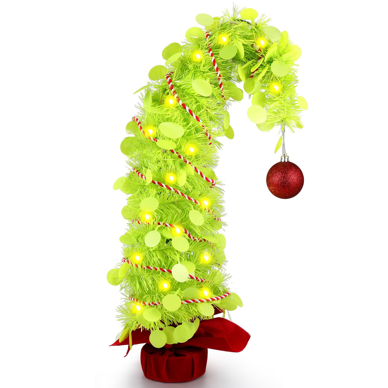 Knitgrip 2.1 Ft Whimsical Table Top Christmas Tree Bendable Lime Green Christmas Tree with Red Ball Bent Top Curved Shape Artificial Tabletop