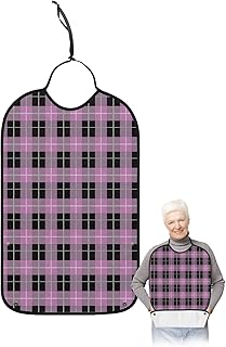 QueenKer Funny Adult Bibs for Eating, Pink Black Buffalo Lattice Waterproof Clothing Protector Washable Adult Bib with Crumb Catcher for Men Women Elderl and Seniors