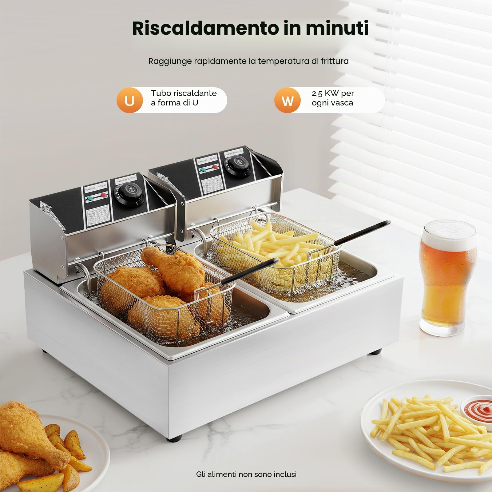Friggitrice Elettrica Commerciale 2 Vasche da 12 L 2,5 KW Friggitrice ad Olio in Inox con 2 Cesti per Friggitrice e Tempo Regolabile 60-200 °C per Rondelle di Cipolla fritta Snack Bar (AC 220-240V)