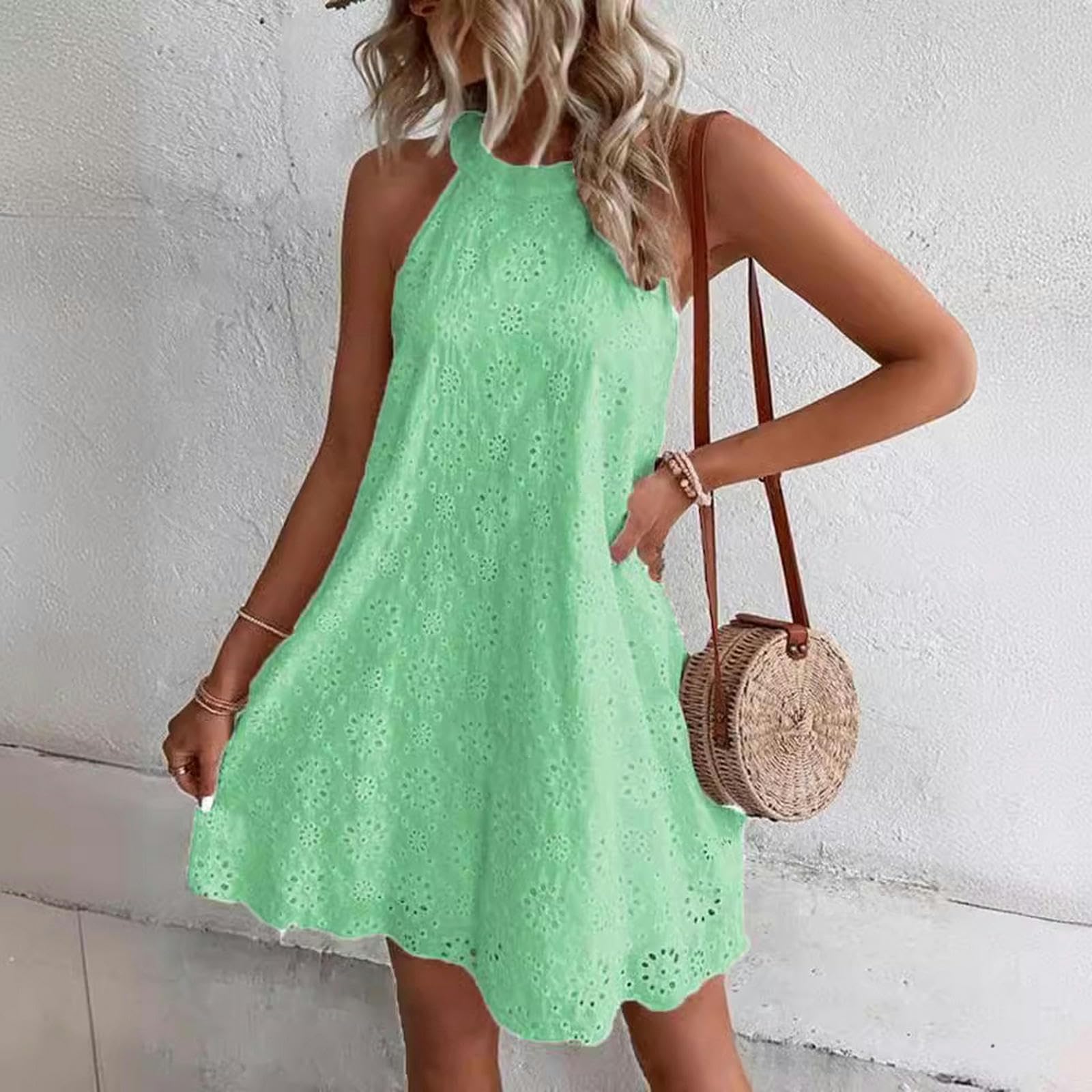 Vestidos de verano para mujer, de encaje, sin mangas, cuello halter, YYEFNMAZ