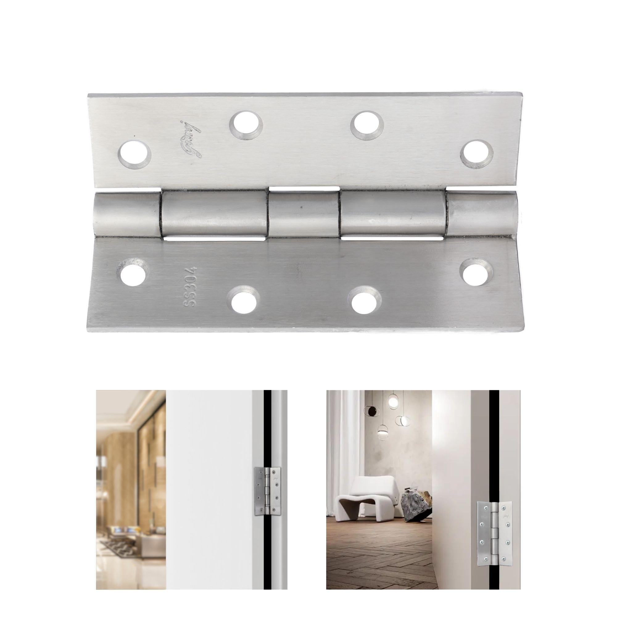 Godrej Door Fittings | SS304 Door Hinge 5 inch x 8/9 Gauge (Pack of 2) | Premium Matte Satin Finish (2708) | Heavy Duty Smooth Operation Kabza for Windows & Wardrobe | 5 x 3 x 3 - Plain Joint